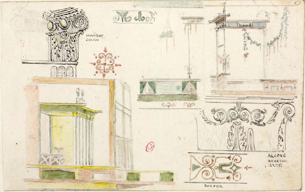 VI.17.32/36 Pompeii. Sketches by Gell, between 1819 and 1832, described as from �House of Julius�.   
See Gell, W. Pompeii unpublished [Dessins de l'�dition de 1832 donnant le r�sultat des fouilles post 1819 (?)] vol II, pl. 88.
Biblioth�que de l'Institut National d'Histoire de l'Art, collections Jacques Doucet, Identifiant num�rique Num MS180 (2).
See book in INHA Use Etalab Licence Ouverte

