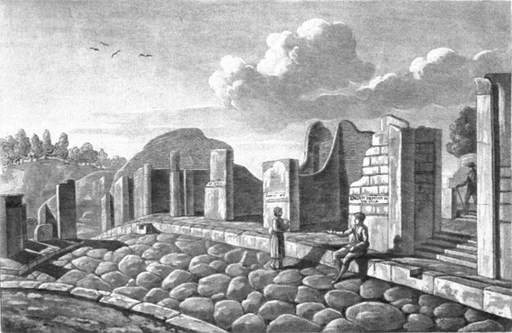 VI.17.33 Pompeii. 1819 drawing with title “Maison de Julius Polybius”.
The two pillars of VI.17.33 can be seen behind the two figures in the centre of the picture.
VI.17.36 is on the left of the drawing with the step in front of the kerb.
VI.17.32 is on the right, with the indentation in the kerb, and the steps up.
See Wilkins H, 1819. Suite des Vues Pittoresques des Ruines de Pompei, Rome, pl. XII.