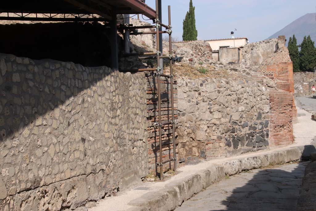 VI.17.40-39 Pompeii. September 2021. The blocked doorways are on the left side of the roadway.
Looking north on Vicolo del Farmacista towards its junction with Via Consolare. Photo courtesy of Klaus Heese.