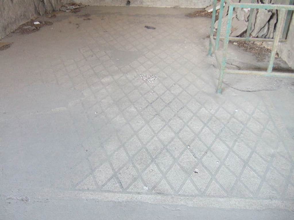 VI.17.41 Pompeii. May 2006. Mosaic floor in triclinium on south side of atrium.
The mosaic floor of this triclinium was divided into two parts, the anteroom and the main room.
The mosaic in the main room was of a net design of diamond shapes (lozenges) outlined in black on a white background.
It was bordered by two wide bands of black and white mosaic, at the base of the walls the floor was of white mosaic.
The lack of mosaic (at the lower edge of the photo) was probably due to the removal of the threshold between the anteroom and the main room by the Bourbon excavators.
The mosaic floor of the anteroom was of a “carpet” design edged with a straight black band, in the centre of the “carpet” on a white background, was a pattern of rows of crosses, formed by four small black tesserae.
See Fiorelli G., 1860. Pompeianarum antiquitatum historia, Vol. 1: 1748 - 1818, Naples, 1, pp.97-101.