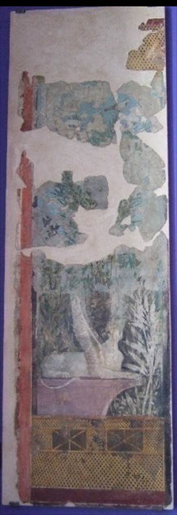 VI.17.42 Pompeii. Summer triclinium 31, east wall, north end. Garden scene with winged sphinx. This was to the side of the fountain apse. Now in Naples Archaeological Museum. See Jashemski, W. F., 1993. The Gardens of Pompeii, Volume II: Appendices. New York: Caratzas. (p. 357, T: 422).

