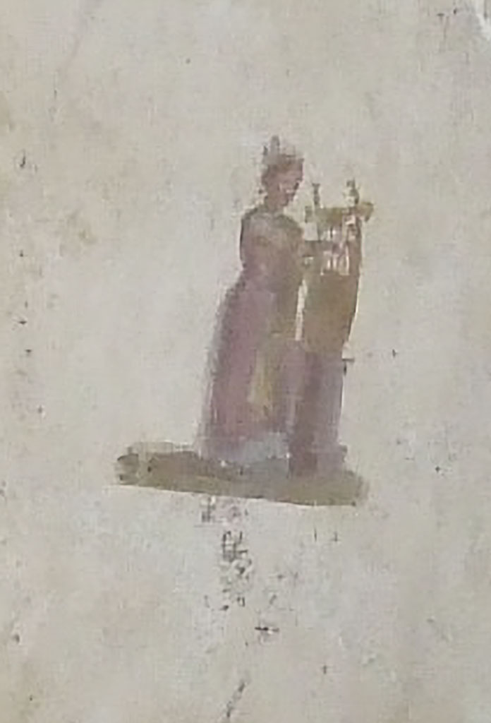 VI.17.42 Pompeii. March 2009. Second triclinium 19. West end of north wall.
Terpsichore, the muse of dance and song, with a five-string lyre supported on a small pillar.
See Aoyagi M. and Pappalardo U., 2006. Pompei (Regiones VI-VII) Insula Occidentalis. Napoli: Valtrend, p. 109.