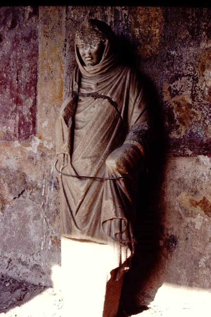 VII.1.8 Pompeii. 1984. Statue of a woman in north portico B.
Source: The Wilhelmina and Stanley A. Jashemski archive in the University of Maryland Library, Special Collections (See collection page) and made available under the Creative Commons Attribution-Non-Commercial License v.4. See Licence and use details.
J84f0019