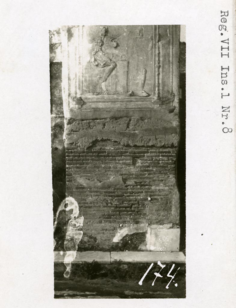 VII.1.8 Pompeii. Pre-1937-39. Detail of pilaster on north side of nymphaeum G entrance.
Photo courtesy of American Academy in Rome, Photographic Archive. Warsher collection no. 174.