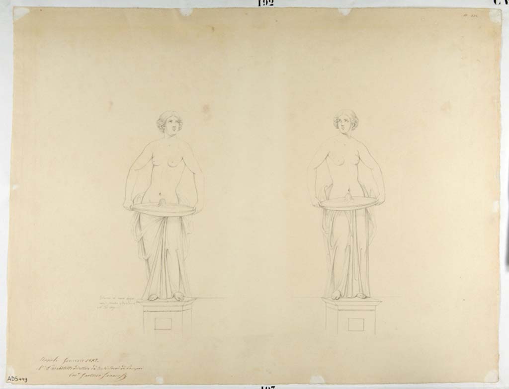 VII.1.8 Pompeii. Drawing by Nicola La Volpe, of painted figures/statues from garden scene.
The walls of both rooms F and G were painted with garden scenes.
These two statue/fountains may have been drawn from two of the ones visible on the west wall of room F.
Now in Naples Archaeological Museum. Inventory number ADS 449.
Photo © ICCD. http://www.catalogo.beniculturali.it
Utilizzabili alle condizioni della licenza Attribuzione - Non commerciale - Condividi allo stesso modo 2.5 Italia (CC BY-NC-SA 2.5 IT)