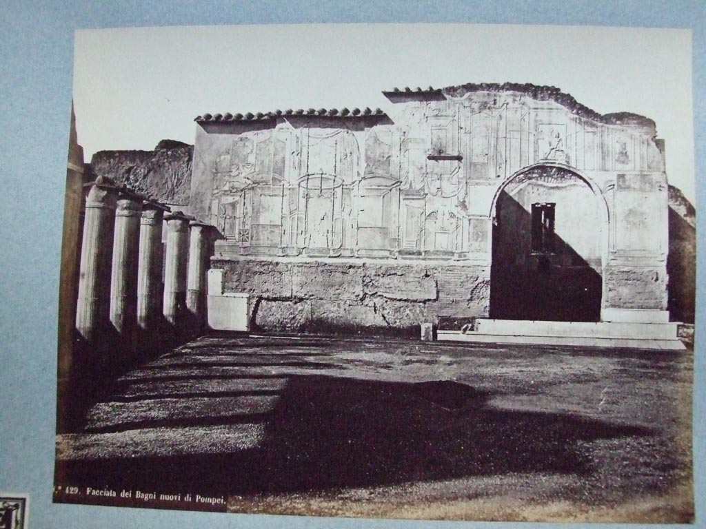 VII.1.8 Pompeii Stabian Baths. South-west corner of gymnasium C with stucco plasterwork.
On the left is portico B, leading to destrictarium E and on the right is nymphaeum F.
Old undated photograph courtesy of the Society of Antiquaries, Fox Collection.