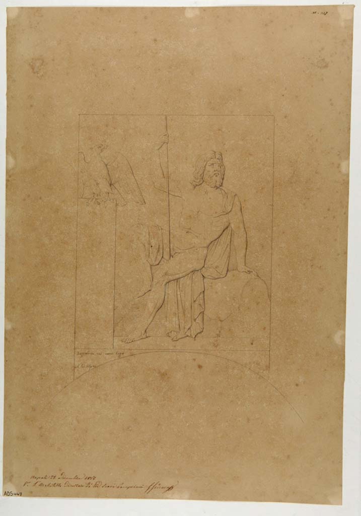 VII.1.8 Pompeii. Drawing by Nicola La Volpe of the stucco image of a seated Zeus on a rock, and the eagle on a pilaster.
Now in Naples Archaeological Museum. Inventory number ADS 447.
Photo © ICCD. http://www.catalogo.beniculturali.it
Utilizzabili alle condizioni della licenza Attribuzione - Non commerciale - Condividi allo stesso modo 2.5 Italia (CC BY-NC-SA 2.5 IT)