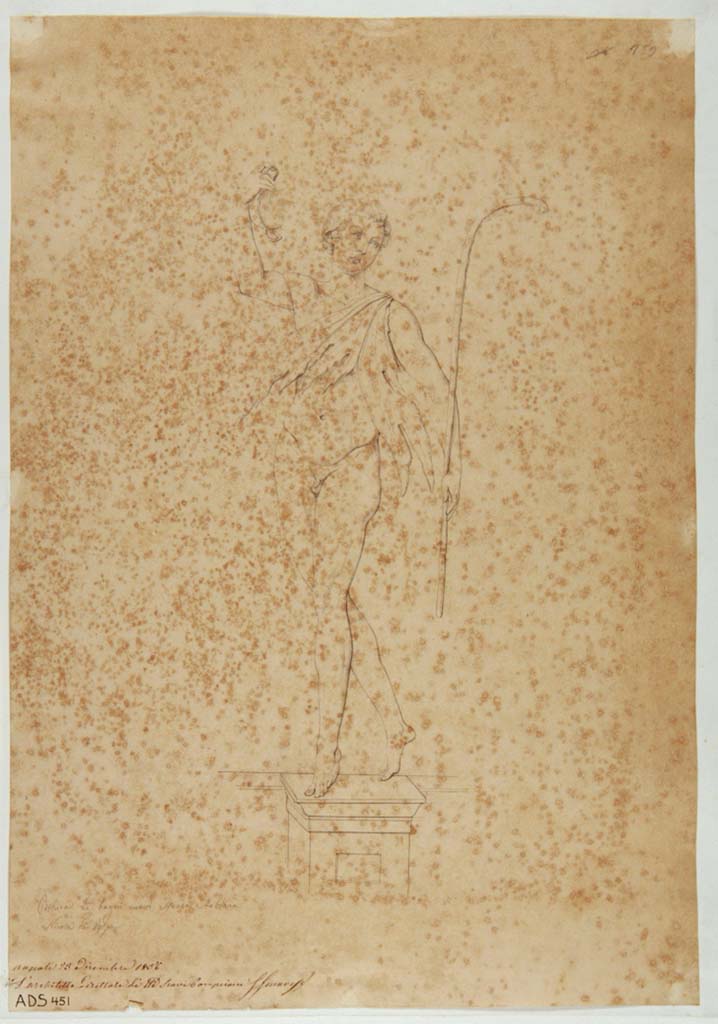 VII.1.8 Pompeii. Drawing by Nicola La Volpe, of painting of a dancing Satyr.
This was either seen on the south wall of nymphaeum room F, or the north wall of room G, as they were seen in both places.
These paintings were left in situ without protection and have now completely disappeared.
Now in Naples Archaeological Museum. Inventory number ADS 451.
Photo © ICCD. http://www.catalogo.beniculturali.it
Utilizzabili alle condizioni della licenza Attribuzione - Non commerciale - Condividi allo stesso modo 2.5 Italia (CC BY-NC-SA 2.5 IT)