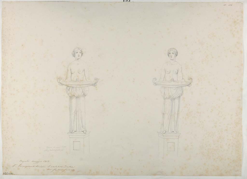 VII.1.8 Pompeii. Drawing by Nicola La Volpe, of painted figures/statues from garden scene.
The walls of both rooms F and G were painted with garden scenes.
These two statue/fountains are similar but not identical to the ones above in ADS 449, so were another two seen on the walls of the rooms, but now more or less completely disappeared.
Now in Naples Archaeological Museum. Inventory number ADS 450.
Photo © ICCD. http://www.catalogo.beniculturali.it
Utilizzabili alle condizioni della licenza Attribuzione - Non commerciale - Condividi allo stesso modo 2.5 Italia (CC BY-NC-SA 2.5 IT)