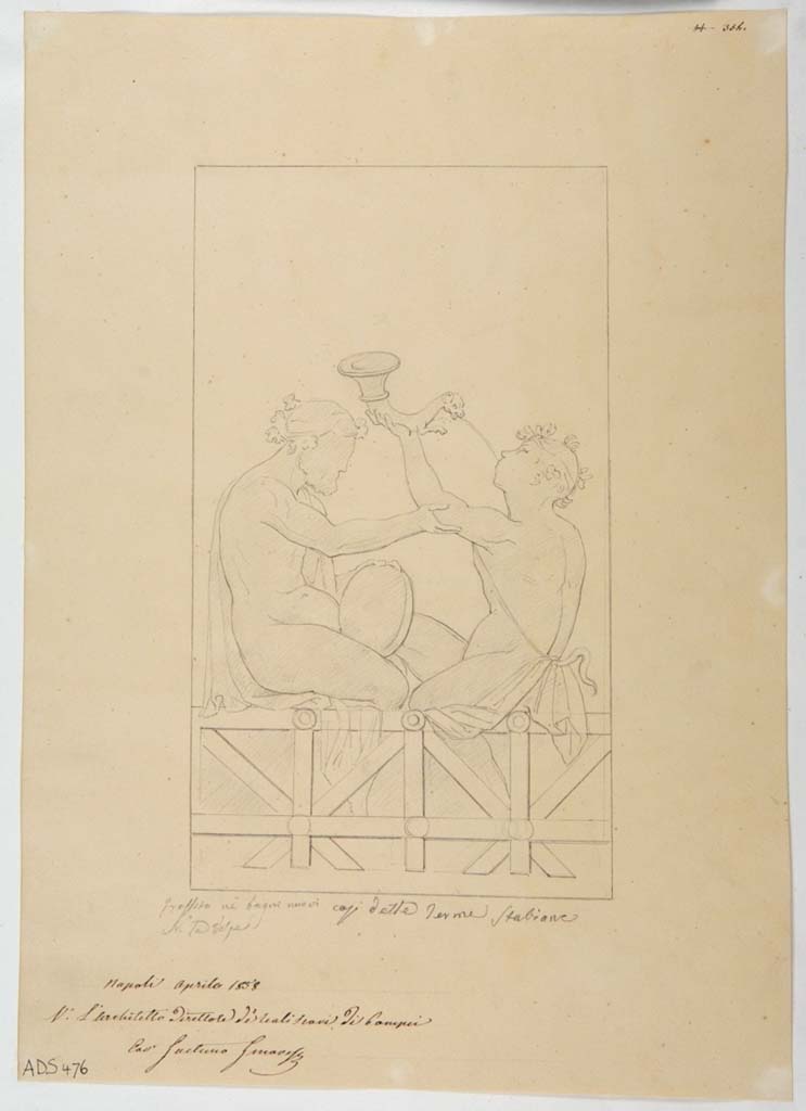 VII.1.8 Pompeii. Drawing by Nicola La Volpe, of stucco panel seen on south side of doorway to nymphaeum F.
This would have shown a couple of Satyrs sitting on a gate, the older one on the left playing a drum/tambourine, the younger one on the right, drinking.
Now in Naples Archaeological Museum. Inventory number ADS 476.
Photo © ICCD. http://www.catalogo.beniculturali.it
Utilizzabili alle condizioni della licenza Attribuzione - Non commerciale - Condividi allo stesso modo 2.5 Italia (CC BY-NC-SA 2.5 IT)