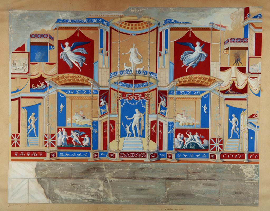 VII.1.8 Pompeii. Watercolour by Giuseppe Abbate, 1859, of wall in south-west corner of gymnasium C.
Now in Naples Archaeological Museum. Inventory number ADS 438.
Photo © ICCD. http://www.catalogo.beniculturali.it
Utilizzabili alle condizioni della licenza Attribuzione - Non commerciale - Condividi allo stesso modo 2.5 Italia (CC BY-NC-SA 2.5 IT)