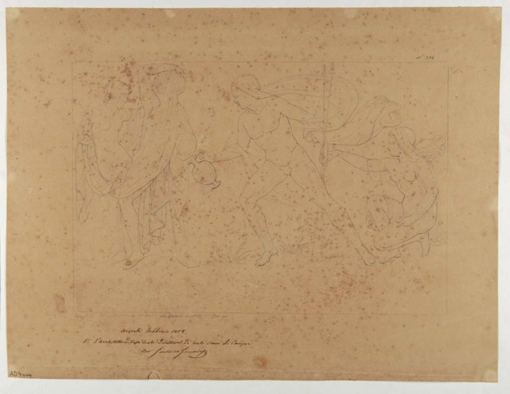 VII.1.8 Pompeii. Drawing by Nicola La Volpe, of the stucco showing the story of the myth of Hylas and the nymphs.
This would have been seen on the south side of the central stucco of Hercules on the west wall.
Now in Naples Archaeological Museum. Inventory number ADS 444.
Photo © ICCD. http://www.catalogo.beniculturali.it
Utilizzabili alle condizioni della licenza Attribuzione - Non commerciale - Condividi allo stesso modo 2.5 Italia (CC BY-NC-SA 2.5 IT)
