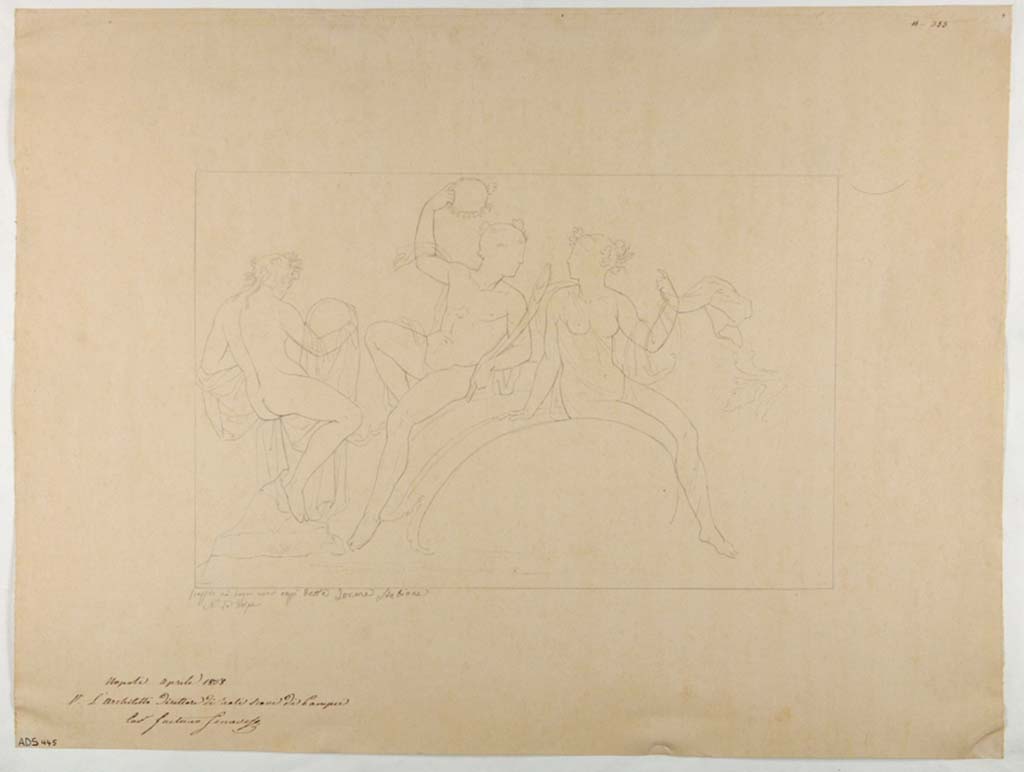 VII.1.8 Pompeii. Drawing by Nicola La Volpe, of the stucco perhaps showing Perseus and Andromeda, or a seated Satyr and Maenad.
This would have been seen on the north side of the central stucco of Hercules on the west wall.
Now in Naples Archaeological Museum. Inventory number ADS 445.
Photo © ICCD. http://www.catalogo.beniculturali.it
Utilizzabili alle condizioni della licenza Attribuzione - Non commerciale - Condividi allo stesso modo 2.5 Italia (CC BY-NC-SA 2.5 IT)