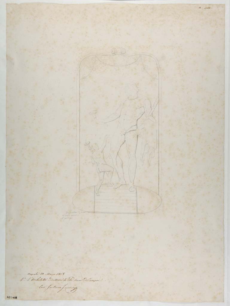 VII.1.8 Pompeii. Drawing by Nicola La Volpe, of the stucco showing Hercules, from centre of the stucco on the west wall.
Now in Naples Archaeological Museum. Inventory number ADS 439.
Photo © ICCD. http://www.catalogo.beniculturali.it
Utilizzabili alle condizioni della licenza Attribuzione - Non commerciale - Condividi allo stesso modo 2.5 Italia (CC BY-NC-SA 2.5 IT)