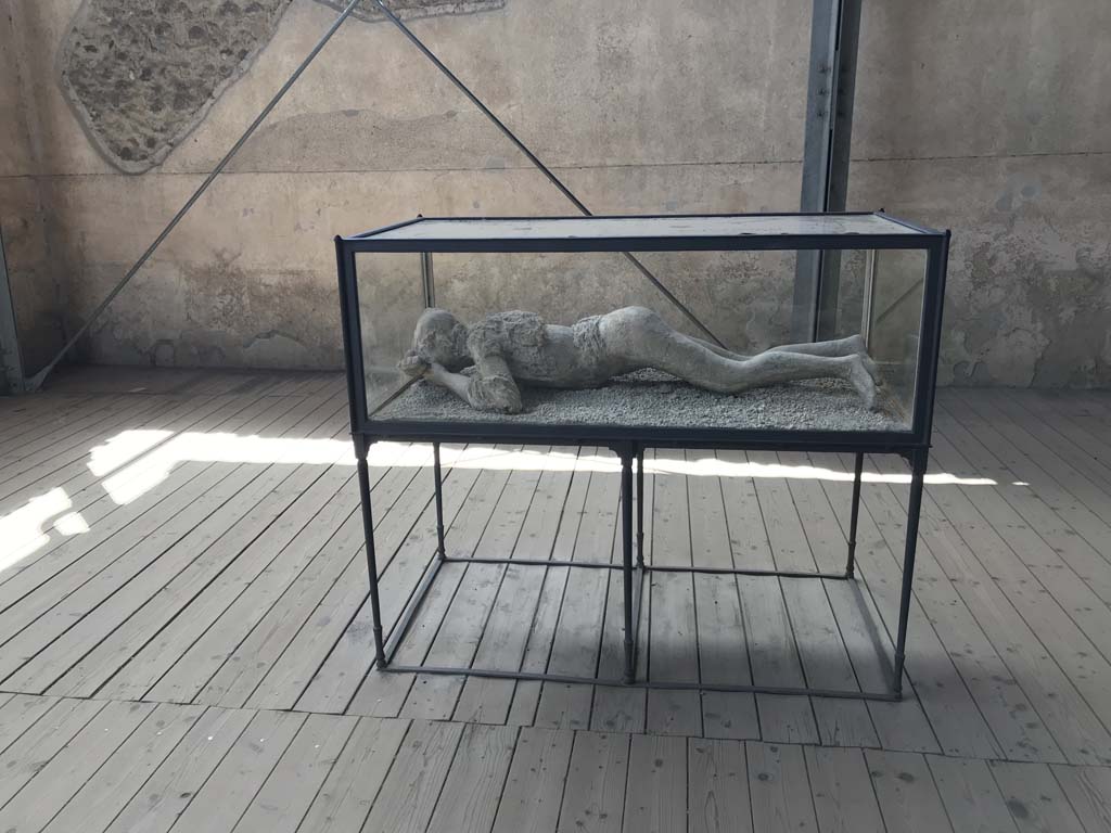 VII.1.8 Pompeii. April 2019.
Looking towards west wall of destrictarium E at west end of south portico B.
The plaster-cast of the young female found at the north-east corner of VI.14 is displayed here.
Photo courtesy of Rick Bauer.