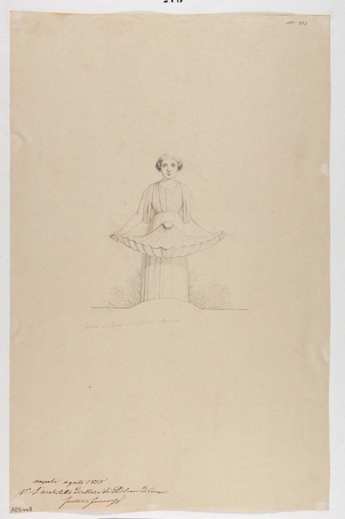 VII.1.8 Pompeii. Drawing by Nicola La Volpe,1855, of painted statue of a nymph-fountain.
The west walls of both rooms E and F were subdivided into three parts and showing a statue supporting a basin with a garden scene behind. Now in Naples Archaeological Museum. Inventory number ADS 448.
Photo © ICCD. http://www.catalogo.beniculturali.it
Utilizzabili alle condizioni della licenza Attribuzione - Non commerciale - Condividi allo stesso modo 2.5 Italia (CC BY-NC-SA 2.5 IT)