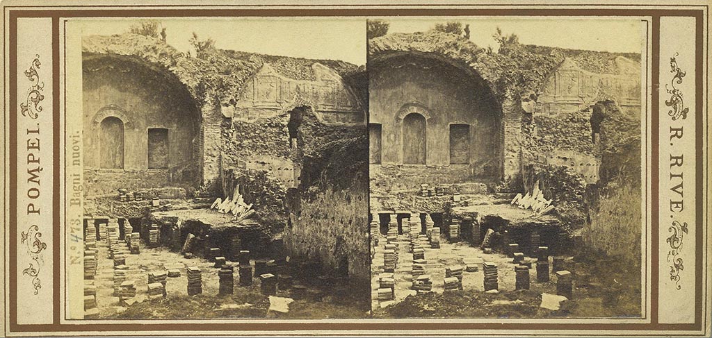 VII.1.8 Pompeii. Undated photo-view by Roberto Rive, numbered 473.
Looking east towards south-east corner of men’s calidarium 5 (on left) and men’s tepidarium 3 (on right). Photo courtesy of Rick Bauer.