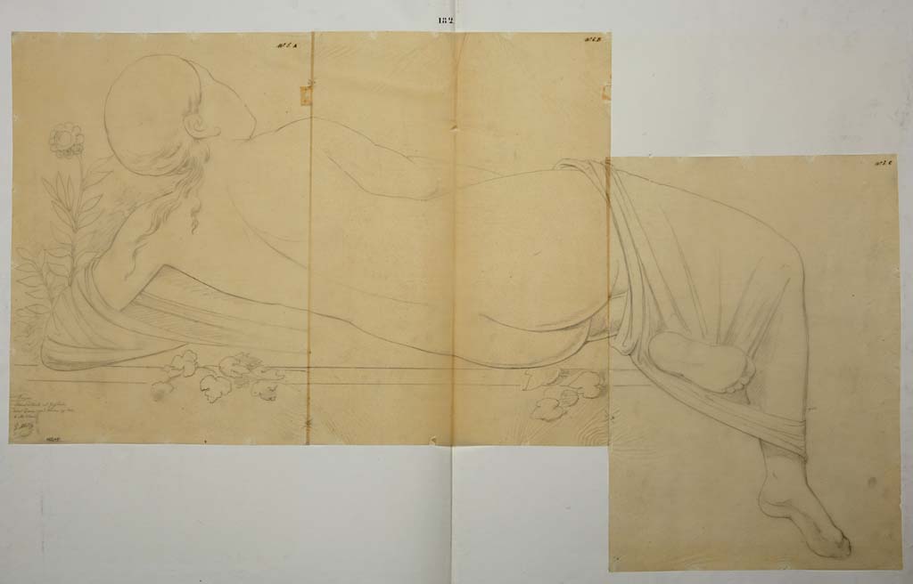 VII.1.8 Pompeii. Drawing by Giuseppe Abbate, of painting existing in frigidarium.
On the west wall between the recesses was a painted garden scene similar to the one on the east wall (see ADS 470 below).
In this scene, the central figure was stretched out and seen from the rear, in a pose characteristic of a marble Hermaphrodite.
Now in Naples Archaeological Museum. Inventory number ADS 471.
Photo © ICCD. http://www.catalogo.beniculturali.it
Utilizzabili alle condizioni della licenza Attribuzione - Non commerciale - Condividi allo stesso modo 2.5 Italia (CC BY-NC-SA 2.5 IT)