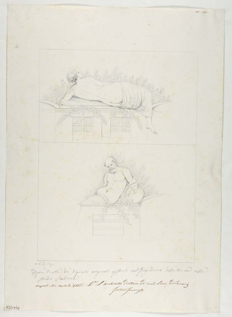 VII.1.8 Pompeii. Drawing by Nicola La Volpe, 1855, showing the Hermaphrodite (above) from the west wall of the frigidarium.
Below is Silenus from the east wall.
Now in Naples Archaeological Museum. Inventory number ADS 469.
Photo © ICCD. http://www.catalogo.beniculturali.it
Utilizzabili alle condizioni della licenza Attribuzione - Non commerciale - Condividi allo stesso modo 2.5 Italia (CC BY-NC-SA 2.5 IT)