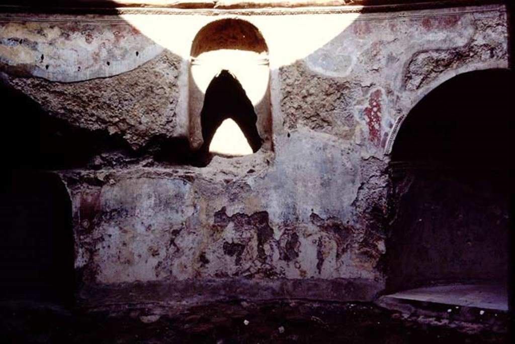 VII.1.8 Pompeii. 1984. Detail of recesses in centre of north side of frigidarium 4.
Source: The Wilhelmina and Stanley A. Jashemski archive in the University of Maryland Library, Special Collections (See collection page) and made available under the Creative Commons Attribution-Non Commercial License v.4. See Licence and use details. J84f0018