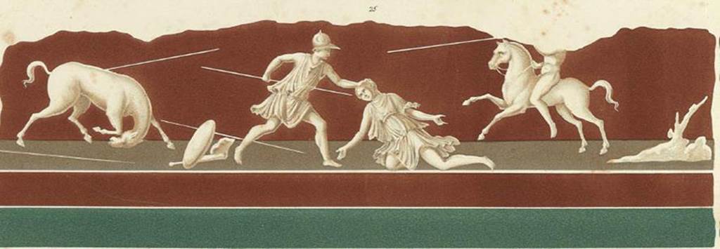 VII.1.25 Pompeii. Peristyle 31. Copy painting by Giuseppe Abbate, of a frieze (found in fragments) with amazons.
This painting, described by Niccolini, as being the painting from the side of the door of the exedra 33, possibly Alcmaeon killing his mother Eriphyle, but see painting below. (Helbig 1250).
See Niccolini F, 1854. Le case ed i monumenti di Pompei: Volume Primo. Napoli. Strada Stabiana Casa No. 57, Tav. I.
