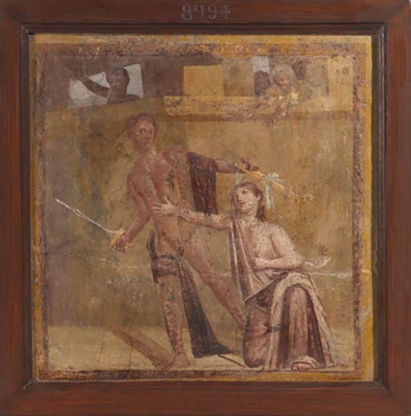VII.1.25 Pompeii. Exedra 33. Painting of Alcmaeon killing his mother Eriphyle.
Now in Naples Archaeological Museum. Inventory number 8994.
See Carratelli, G. P., 1990-2003. Pompei: Pitture e Mosaici: Vol. VI. Roma: Istituto della enciclopedia italiana, p. 341.
