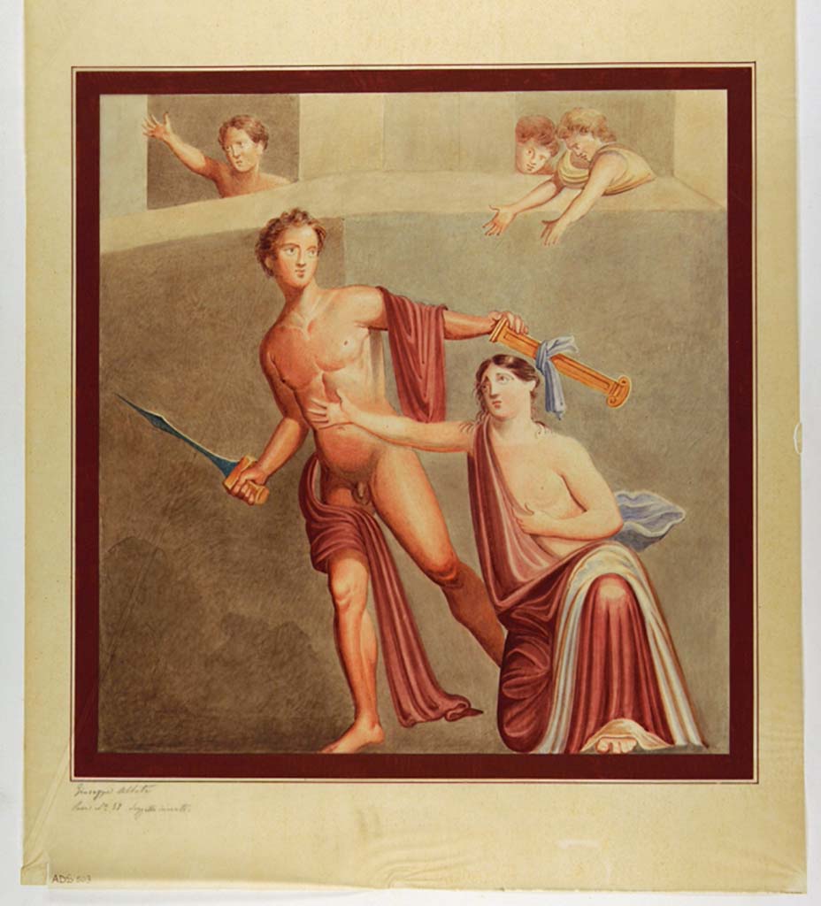 VII.1.25 Pompeii. Exedra 33, south wall. Copy painting by Giuseppe Abbate, described as Achilles on Skyros, but now thought to be Alcmaeon preparing to kill his mother Eriphyle.
According to PPM, this painting was seen and found in Exedra 33.
See Carratelli, G. P., 1990-2003. Pompei: Pitture e Mosaici: Vol. VI. Roma: Istituto della enciclopedia italiana, p. 340-41.
Now in Naples Archaeological Museum. Inventory number ADS 503.
Photo © ICCD. http://www.catalogo.beniculturali.it
Utilizzabili alle condizioni della licenza Attribuzione - Non commerciale - Condividi allo stesso modo 2.5 Italia (CC BY-NC-SA 2.5 IT)