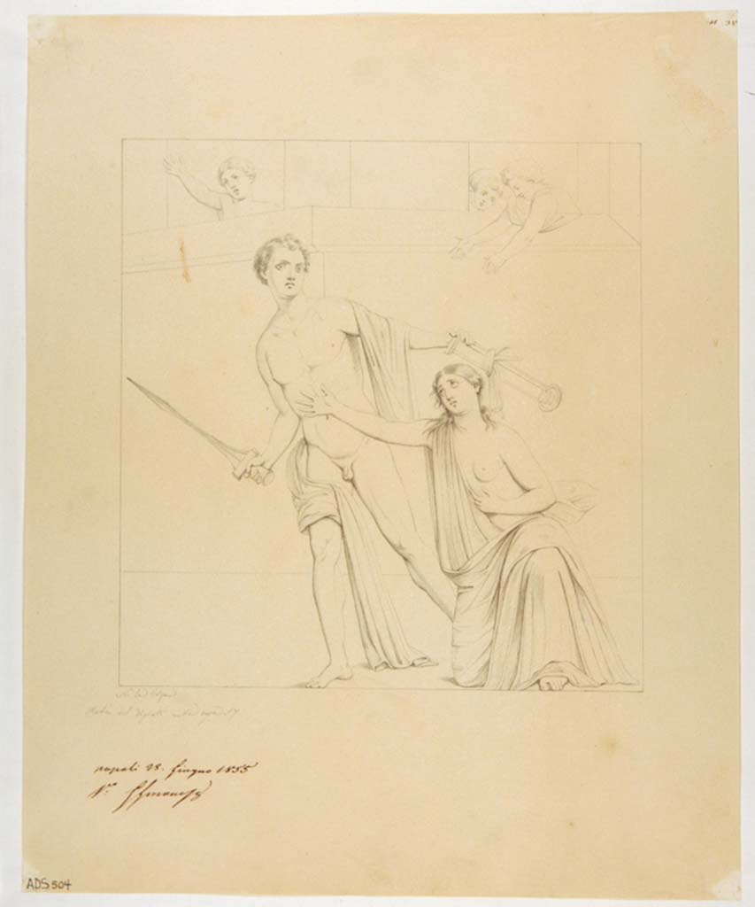 VII.1.25 Pompeii. Drawing by Nicola La Volpe, June 1855, of painting described as story of Achilles.
According to Disegnatori, this painting was from room 34, not in room 33 as here.
See Carratelli, G. P., 2003. Pompei: La documentazione nell'Opera di disegnatori e pittori dei secoli XVIII e XIX. Roma: Istituto della enciclopedia italiana, Disegnatori, no. 66, on p.627.
Now in Naples Archaeological Museum. Inventory number ADS 504.
Photo © ICCD. http://www.catalogo.beniculturali.it
Utilizzabili alle condizioni della licenza Attribuzione - Non commerciale - Condividi allo stesso modo 2.5 Italia (CC BY-NC-SA 2.5 IT)