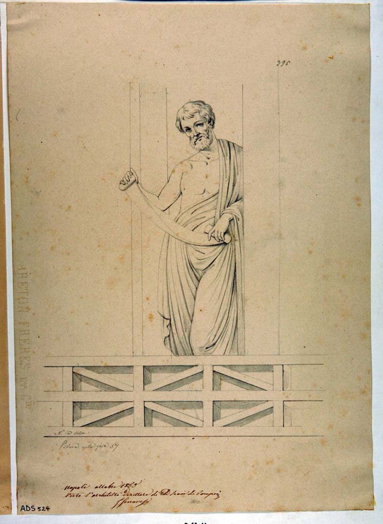 VII.1.25 Pompeii. Exedra 33. Drawing by Nicola La Volpe, October 1855, bearded poet holding an open scroll, seen in the architectural design.
This figure is no longer traceable on the walls.
Now in Naples Archaeological Museum. Inventory number ADS 524.
Photo © ICCD. http://www.catalogo.beniculturali.it
Utilizzabili alle condizioni della licenza Attribuzione - Non commerciale - Condividi allo stesso modo 2.5 Italia (CC BY-NC-SA 2.5 IT)