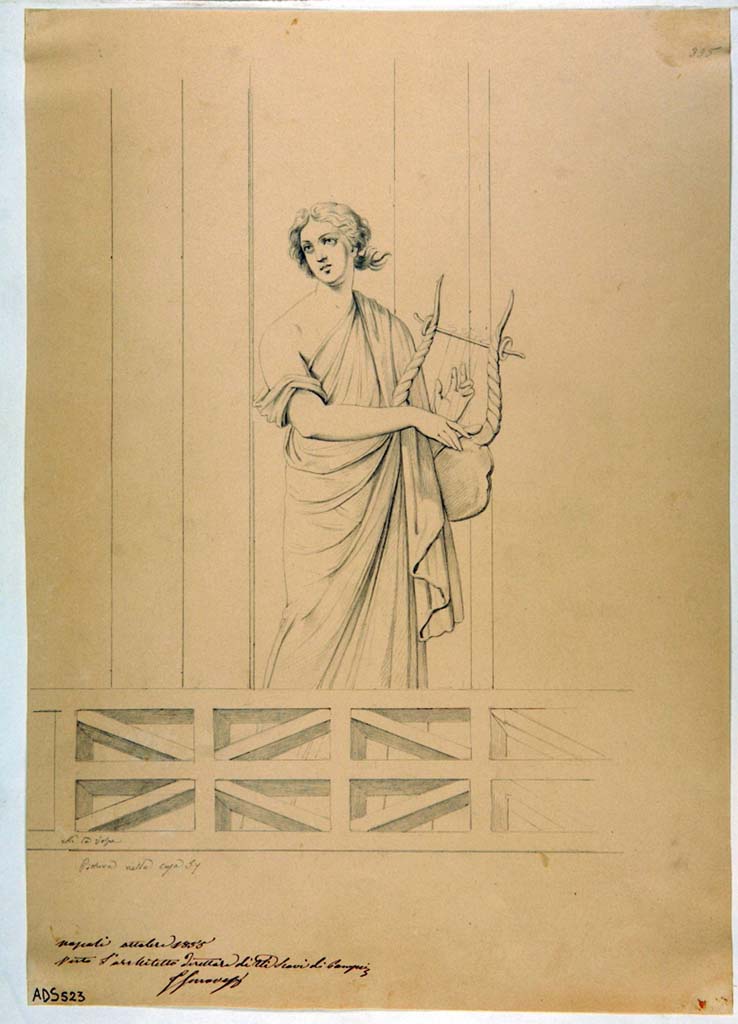 VII.1.25 Pompeii. Exedra 33. Drawing by Nicola La Volpe, October 1855, of lyre-player, seen in the architectural design.
This figure is also no longer identifiable on the walls.
Now in Naples Archaeological Museum. Inventory number ADS 523.
Photo © ICCD. http://www.catalogo.beniculturali.it
Utilizzabili alle condizioni della licenza Attribuzione - Non commerciale - Condividi allo stesso modo 2.5 Italia (CC BY-NC-SA 2.5 IT)