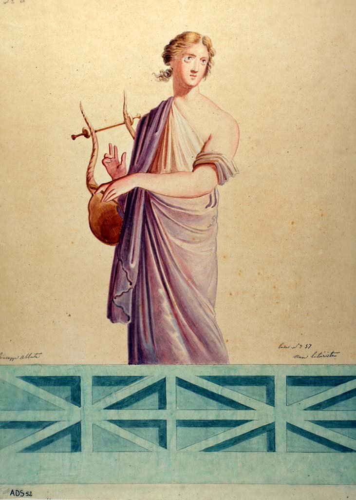 VII.1.47 Pompeii. Copy painting by Giuseppe Abbate, of a female figure with lyre.
According to Disegnatori, (p. 388 (no.200-201) these may have come from Room 10?
These do have variations from the drawings above but may or may not be from the same room.
Now in Naples Archaeological Museum. Inventory number ADS 52.
Photo © ICCD. http://www.catalogo.beniculturali.it
Utilizzabili alle condizioni della licenza Attribuzione - Non commerciale - Condividi allo stesso modo 2.5 Italia (CC BY-NC-SA 2.5 IT)
See Carratelli, G. P., 2003. Pompei: La documentazione nell'Opera di disegnatori e pittori dei secoli XVIII e XIX. Roma: Istituto della enciclopedia italiana, p. 388 (no.200-201)