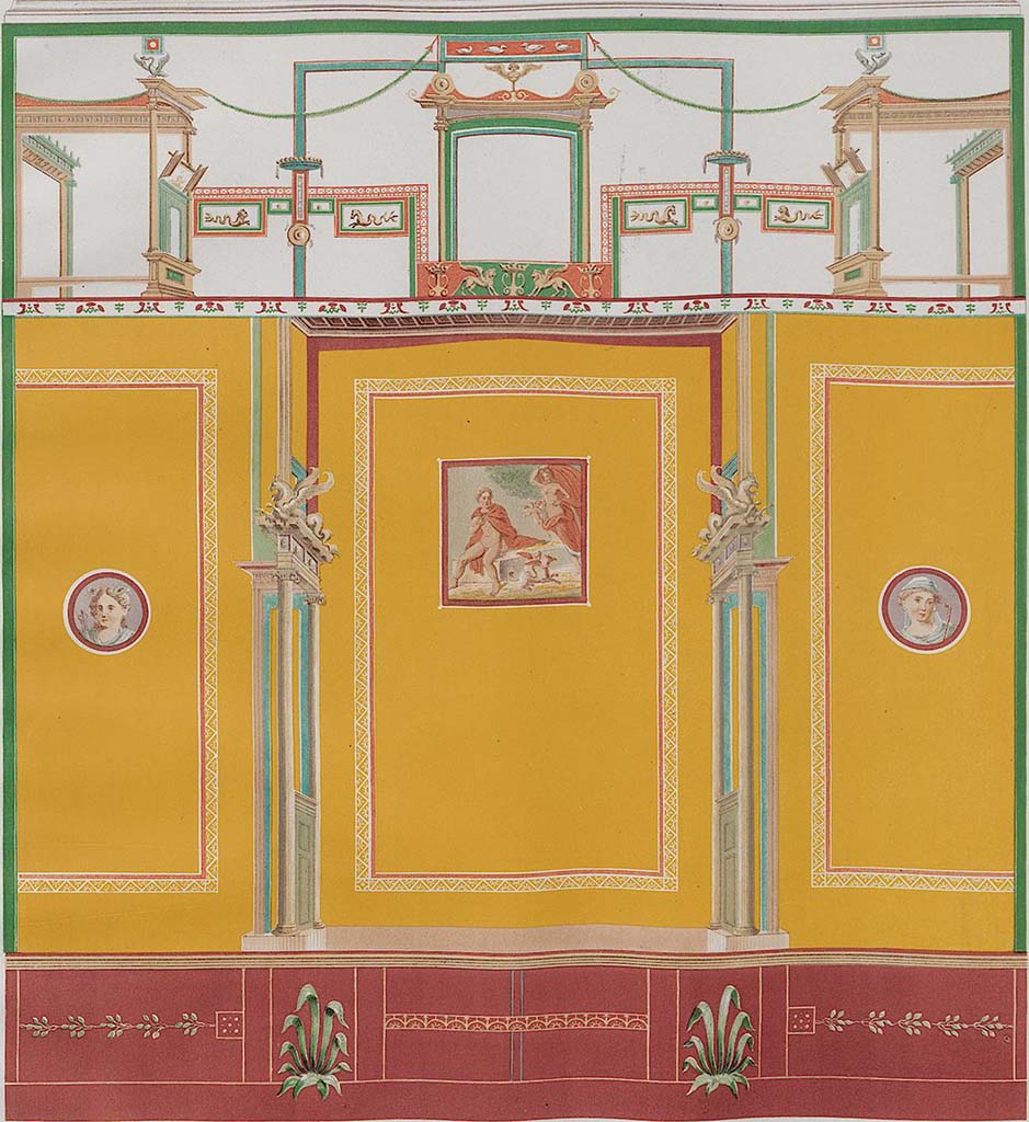 VII.1.25 Pompeii. Room 34. 1852. According to PPM, this Zahn illustration combines elements from different walls.
The central painting is of Selene and Endymion.
The medallion of the left is a bust of a virile male and the medallion on the right is a bust of Paris.
See Carratelli, G. P., 1990-2003. Pompei: Pitture e Mosaici: Vol. VI. Roma: Istituto della enciclopedia italiana, p. 350.
See Zahn, W., 1852. Die schönsten Ornamente und merkwürdigsten Gemälde aus Pompeji, Herkulanum und Stabiae: III. Berlin: Reimer. Taf. 79.