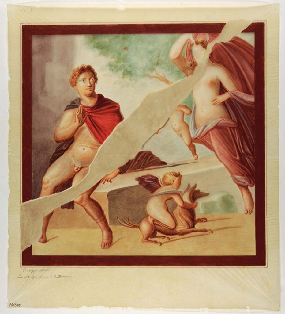 VII.1.25 Pompeii. Cubiculum 34. Painting by Giuseppe Abbate, of painting of Endymion and Selene.
This painting was left in situ and has now faded and disappeared.
Now in Naples Archaeological Museum. Inventory number ADS 515.
Photo © ICCD. http://www.catalogo.beniculturali.it
Utilizzabili alle condizioni della licenza Attribuzione - Non commerciale - Condividi allo stesso modo 2.5 Italia (CC BY-NC-SA 2.5 IT)
See Helbig, W., 1868. Wandgemälde der vom Vesuv verschütteten Städte Campaniens. Leipzig: Breitkopf und Härtel, (957).