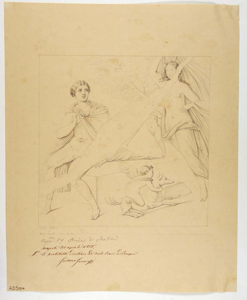 VII.1.25 Pompeii. Cubiculum 34. Drawing by Nicola La Volpe, 30th April 1855, of painting of Endymion and Selene.
Now in Naples Archaeological Museum. Inventory number ADS 514.
Photo © ICCD. http://www.catalogo.beniculturali.it
Utilizzabili alle condizioni della licenza Attribuzione - Non commerciale - Condividi allo stesso modo 2.5 Italia (CC BY-NC-SA 2.5 IT)
See Helbig, W., 1868. Wandgemälde der vom Vesuv verschütteten Städte Campaniens. Leipzig: Breitkopf und Härtel, (957).