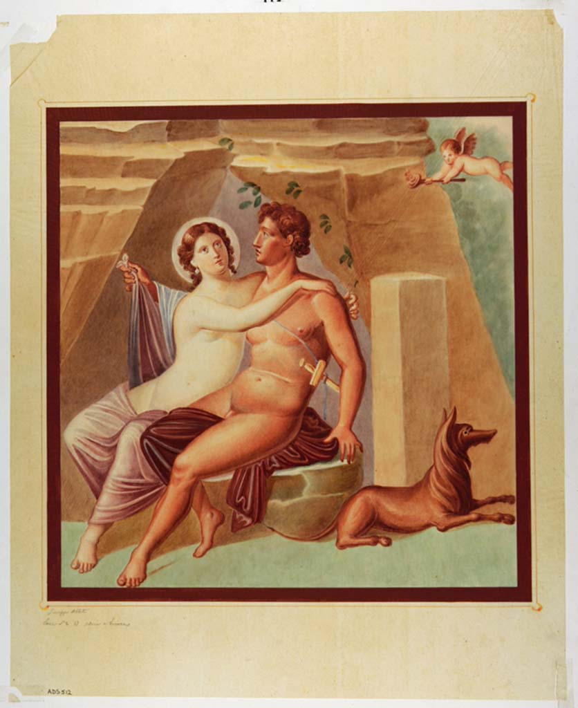 VII.1.25 Pompeii. Room 34, south wall. Copy painting by Giuseppe Abbate, of painting of Mars and Venus or Venus and Adonis.
See Carratelli, G. P., 1990-2003. Pompei: Pitture e Mosaici: Vol. VI. Roma: Istituto della enciclopedia italiana, p. 349.
Now in Naples Archaeological Museum. Inventory number ADS 512.
Photo © ICCD. http://www.catalogo.beniculturali.it
Utilizzabili alle condizioni della licenza Attribuzione - Non commerciale - Condividi allo stesso modo 2.5 Italia (CC BY-NC-SA 2.5 IT)
