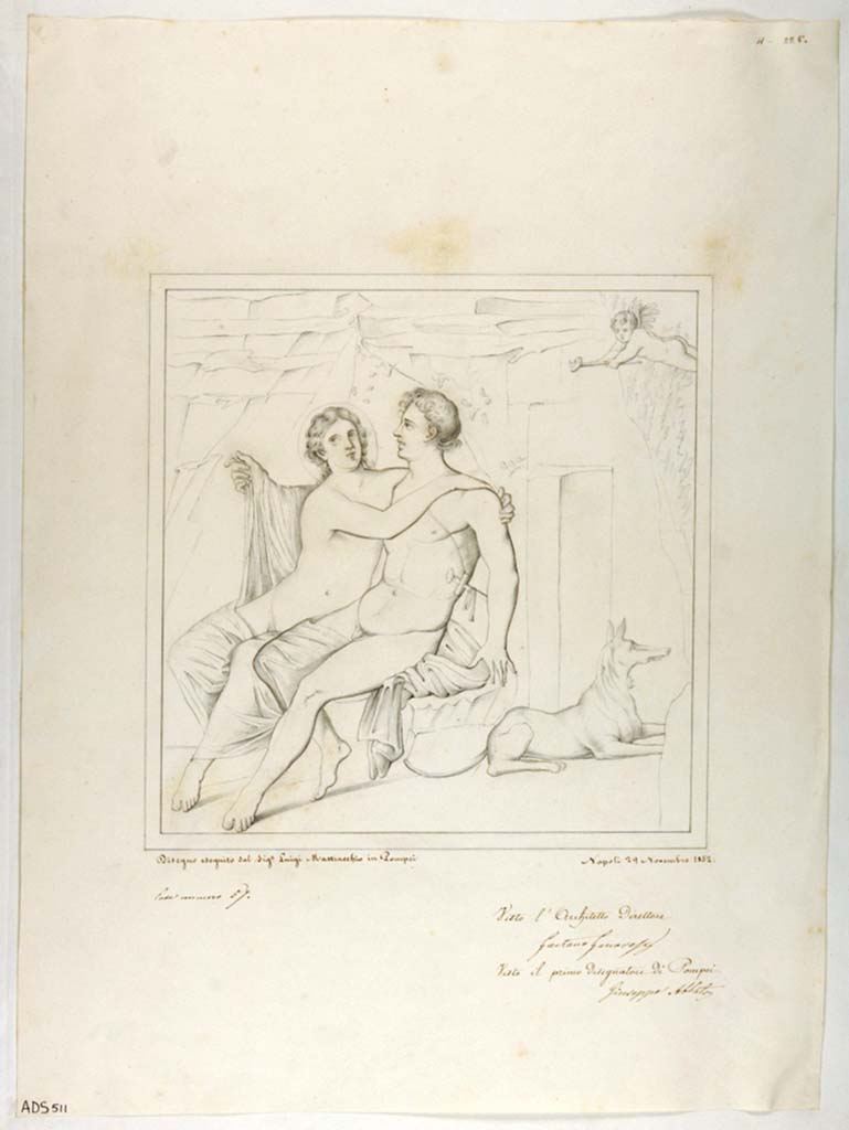 VII.1.25 Pompeii. Room 34, south wall. Drawing by Luigi Mastracchio, of couple and dog.
Now in Naples Archaeological Museum. Inventory number ADS 511.
Photo © ICCD. http://www.catalogo.beniculturali.it
Utilizzabili alle condizioni della licenza Attribuzione - Non commerciale - Condividi allo stesso modo 2.5 Italia (CC BY-NC-SA 2.5 IT)