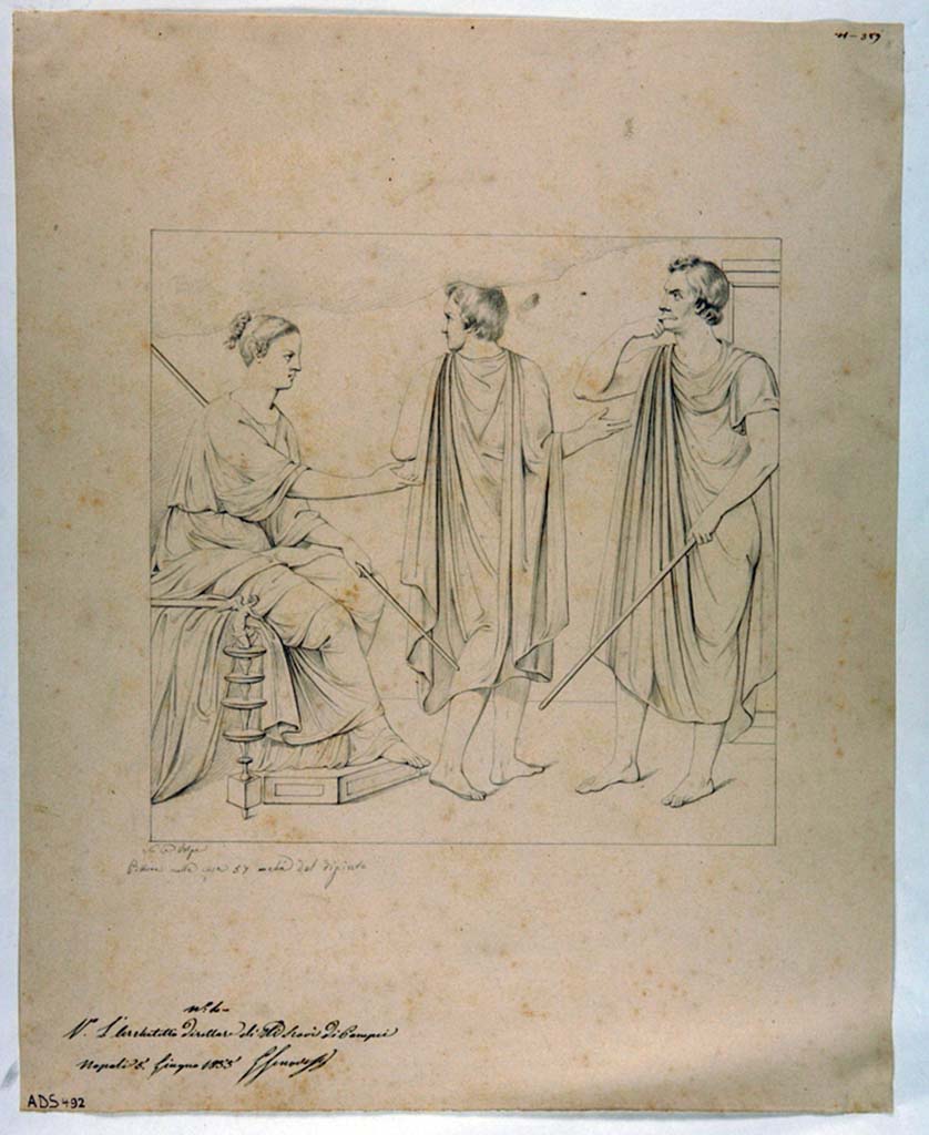 VII.1.25 Pompeii. Room 34, north wall. Drawing attributed to Nicola La Volpe, c.1855, Orestes and Pylades, in the presence of Iphigenia.
Today the painting is lost.
Now in Naples Archaeological Museum. Inventory number ADS 492.
Photo © ICCD. http://www.catalogo.beniculturali.it
Utilizzabili alle condizioni della licenza Attribuzione - Non commerciale - Condividi allo stesso modo 2.5 Italia (CC BY-NC-SA 2.5 IT)
See Helbig, W., 1868. Wandgemälde der vom Vesuv verschütteten Städte Campaniens. Leipzig: Breitkopf und Härtel, (1387).
