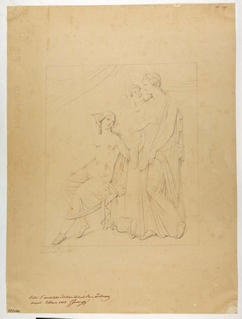 VII.1.25/47 Pompeii. Drawing by Nicola La Volpe, of a painting with couple.
This is no longer identifiable in situ, but according to Helbig was seen in this house.
Now in Naples Archaeological Museum. Inventory number ADS 510.
Photo © ICCD. http://www.catalogo.beniculturali.it
Utilizzabili alle condizioni della licenza Attribuzione - Non commerciale - Condividi allo stesso modo 2.5 Italia (CC BY-NC-SA 2.5 IT)
See Helbig, W., 1868. Wandgemälde der vom Vesuv verschütteten Städte Campaniens. Leipzig: Breitkopf und Härtel, (1397).