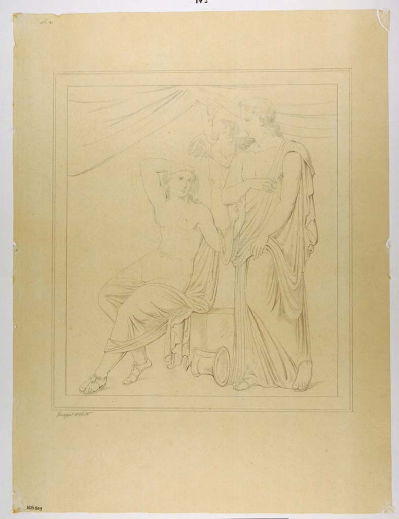VII.1.25/47 Pompeii. Drawing by Giuseppe Abbate, of painting of a couple, from an unknown location in this house.
Now in Naples Archaeological Museum. Inventory number ADS 509.
Photo © ICCD. http://www.catalogo.beniculturali.it
Utilizzabili alle condizioni della licenza Attribuzione - Non commerciale - Condividi allo stesso modo 2.5 Italia (CC BY-NC-SA 2.5 IT)