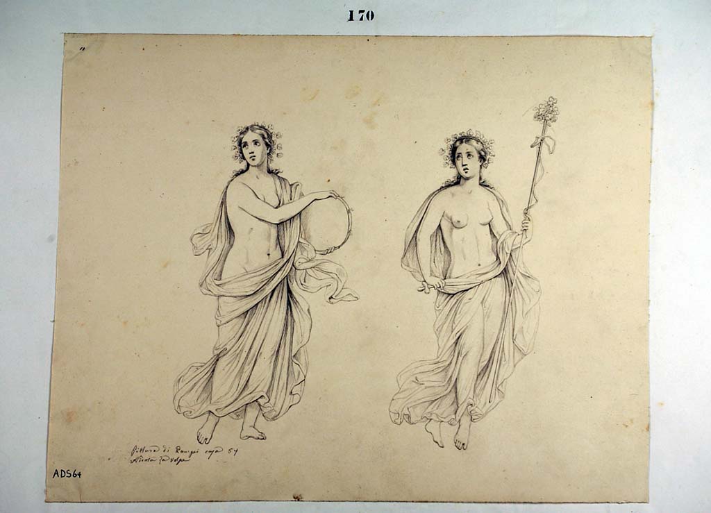 VII.1.25/47 Pompeii. Drawing by Nicola La Volpe, of figures of Maenads in flight, not identified in situ, nor in the descriptions from the last centuries.
Now in Naples Archaeological Museum. Inventory number ADS 64.
Photo © ICCD. http://www.catalogo.beniculturali.it
Utilizzabili alle condizioni della licenza Attribuzione - Non commerciale - Condividi allo stesso modo 2.5 Italia (CC BY-NC-SA 2.5 IT)