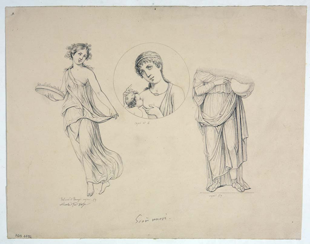 VII.1.25/47 Pompeii. Drawings by Nicola La Volpe. Drawing of two vignettes.
The drawing on the left is of flying figure with offering plate, from an unknown room.
The drawing on the right is the Muse Urania, seen at the west end of the south wall of room 10, in VII.1.47.
The central medallion is from VIII.4.4.
Now in Naples Archaeological Museum. Inventory number ADS 1192.
Photo © ICCD. http://www.catalogo.beniculturali.it
Utilizzabili alle condizioni della licenza Attribuzione - Non commerciale - Condividi allo stesso modo 2.5 Italia (CC BY-NC-SA 2.5 IT)
See Helbig, W., 1868. Wandgemälde der vom Vesuv verschütteten Städte Campaniens. Leipzig: Breitkopf und Härtel, (890).