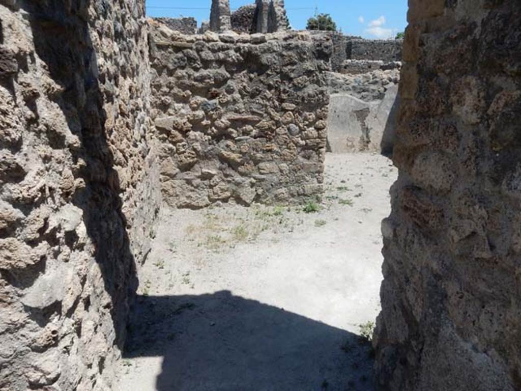 VII.1.25 Pompeii. May 2017. Looking east through second doorway into room 26 in south-east corner of atrium.
Photo courtesy of Buzz Ferebee.
According to Niccolini –
Only in the narrow passageway that leads from the atrium into room 5 (our 26), and forming almost one room with it, we see on the walls that make the corner, badly painted, the two usual serpents so often repeated in Pompeii with their heads in the corner, converging near a painted plant.
In the opinion of Sig. Minervini, the domestic worship was performed here, because noticed below the serpents was a recess designed to be where it was easy to place the offerings; and some eggshells that the learned archaeologist asserts to have seen, mixed with the earth in such a recess, made him think those offerings were not there by accident.
(“Solo nell’angusto passagio che dall’atrio mena nella stanza no.5, e che con questa quasi una sola ne forma, veggonsi ne’muri che fanno angolo malamente dipinti i due soliti serpenti cosi spesso ripetuti in Pompei con le teste negli angoli convergenti presso una pianta. Il signor Minervina opina che quivi forse attuato si fosse il domestico culto, perocche si scorge al di sotto de’serpenti un incavo che sorregger poteva una tavola ove era facile poggiare le offerte; e taluni gusci di uova che il dotto archeologo asserisce aver veduti frammisti alla terra in tale incavo, quando disotterravasi questa localita, lo inducono a pensare che, se non per fatto accidentale, a quelle offerte quei gusci poteano forse aver relazione.”)
See Niccolini F, 1854. Le case ed i monumenti di Pompei: Volume Primo. Napoli, Strada Stabiana, Casa numero 57, p.2.