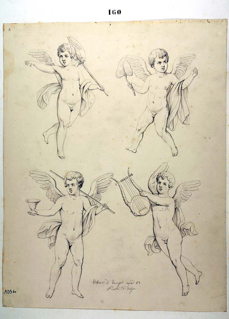 VII.1.25 Pompeii. Drawing of cupids by Nicola La Volpe.
Cupids provenanced from a room no longer identifiable but put here as Niccolini said this room contained “flying cupids”.
Note: these same drawings have also been included into the windowed triclinium, room 32, as Fiorelli said it too showed many cupids.
Now in Naples Archaeological Museum. Inventory number ADS 60.
Photo © ICCD. http://www.catalogo.beniculturali.it
Utilizzabili alle condizioni della licenza Attribuzione - Non commerciale - Condividi allo stesso modo 2.5 Italia (CC BY-NC-SA 2.5 IT)