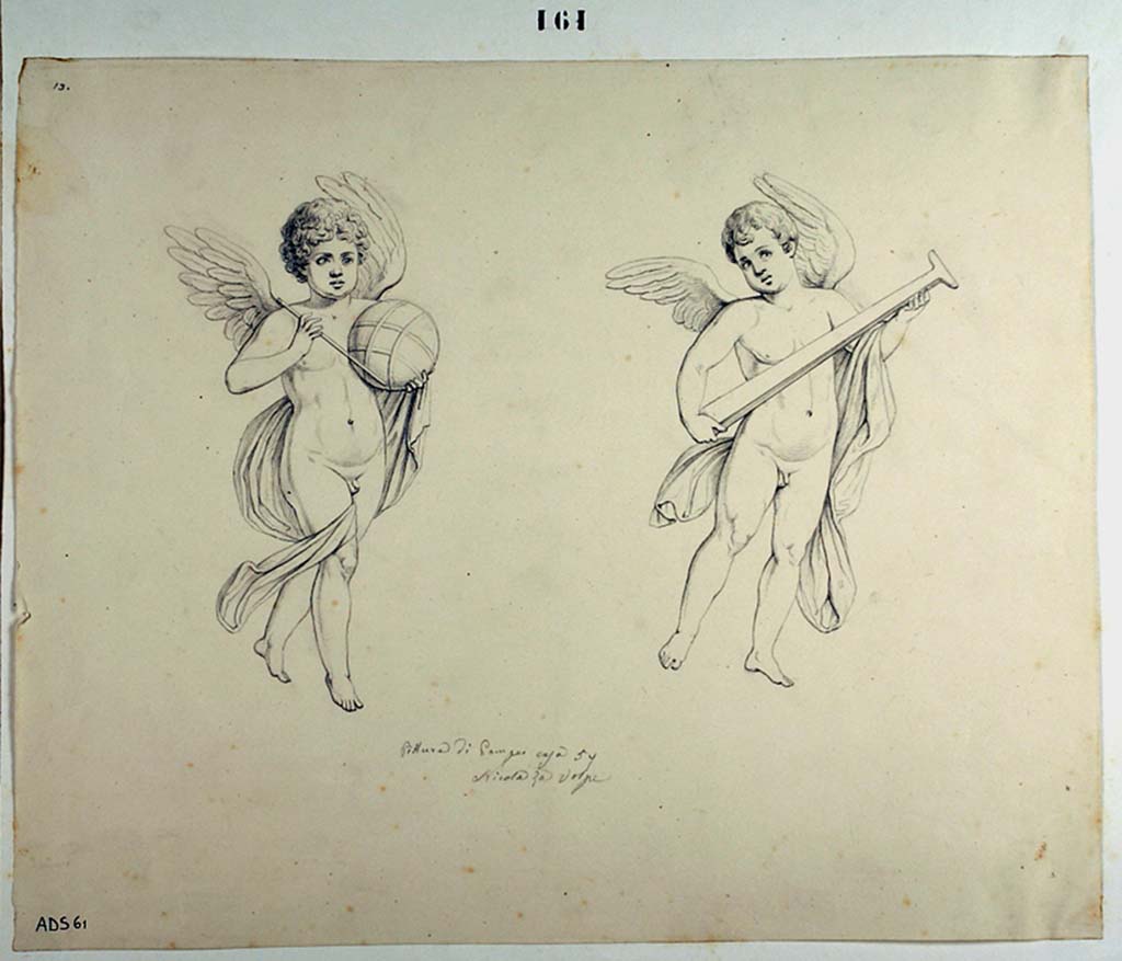 VII.1.25 Pompeii. Drawing of cupids by Nicola La Volpe.
Cupids provenanced from a room no longer identifiable but put here as Niccolini said this room contained “flying cupids”.
Note: these same drawings have also been included into the windowed triclinium, room 32, as Fiorelli said it also showed many cupids.
Now in Naples Archaeological Museum. Inventory number ADS 61.
Photo © ICCD. http://www.catalogo.beniculturali.it
Utilizzabili alle condizioni della licenza Attribuzione - Non commerciale - Condividi allo stesso modo 2.5 Italia (CC BY-NC-SA 2.5 IT)
