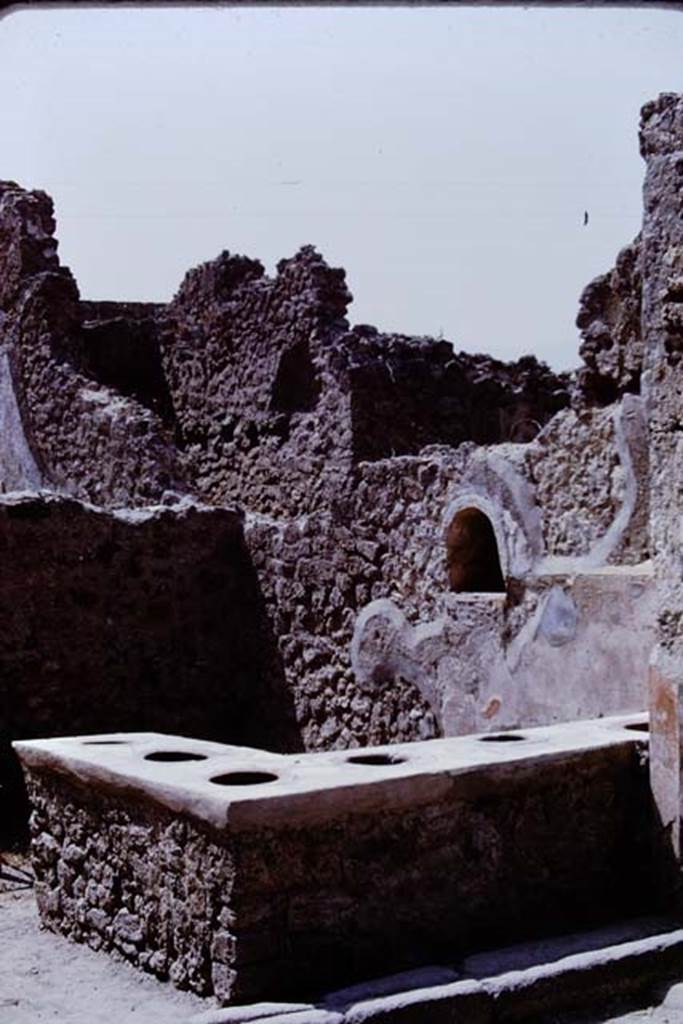 VII.1.39 Pompeii. 1968. Looking south-west towards counter with six terracotta urns.
Photo by Stanley A. Jashemski.
Source: The Wilhelmina and Stanley A. Jashemski archive in the University of Maryland Library, Special Collections (See collection page) and made available under the Creative Commons Attribution-Non Commercial License v.4. See Licence and use details.
J68f0575