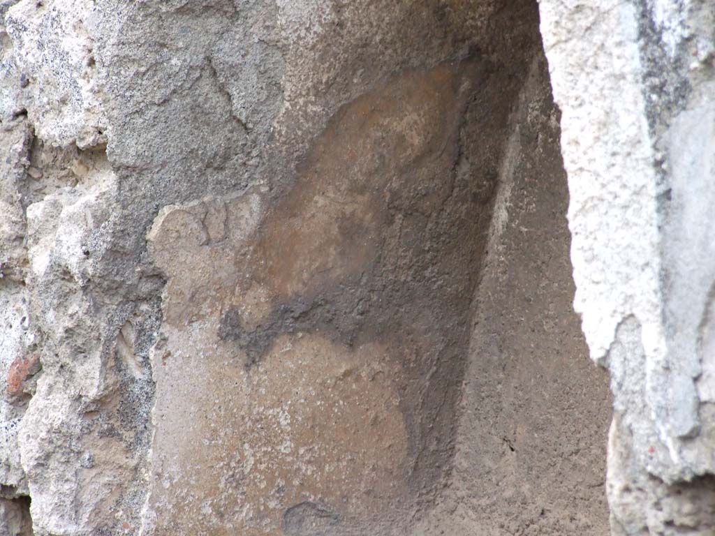 VII.1.39 Pompeii. December 2006. Detail of niche.
According to Boyce, apart from the above niche, there are also another two arched niches in a rear room.
One of the niches is partially blocked by the south wall of the room.
These have not yet been seen by us, but were photographed by Stanley & Wilhelmina Jashemski, (below).
See Boyce G. K., 1937. Corpus of the Lararia of Pompeii. Rome: MAAR 14. (p. 61).