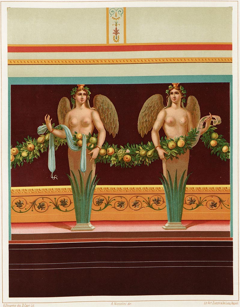VII.1.40 Pompeii.
Oecus 12, reproduction painting of female figures of herms carrying a garland of fruit and leaves.
See Niccolini, F., 1890. Le Case ed i Monumenti di Pompei: Book 3, (Tav. XXI).