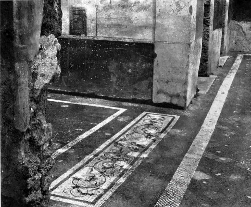 VII.1.40 Pompeii. c.1930.
Looking north along west side of atrium, and threshold of west ala in black and white mosaic and polychrome tesserae.
See Blake, M., (1930). The pavements of the Roman Buildings of the Republic and Early Empire. Rome, MAAR, 8, (p. 60, 76, & 108, & Pl.18, tav 3).