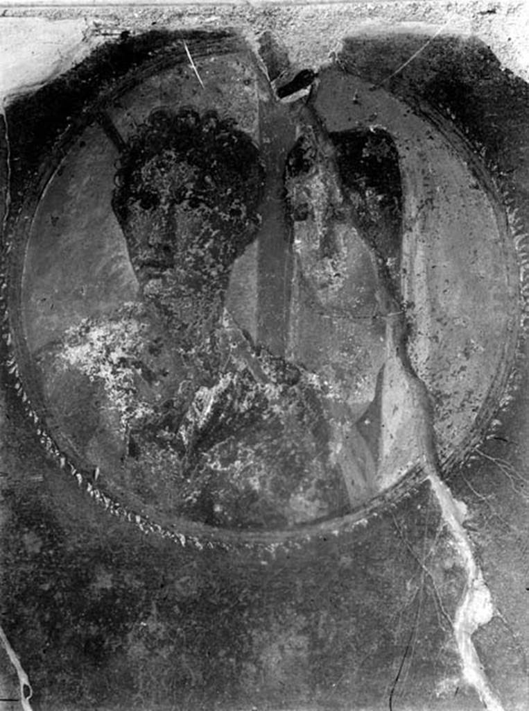231871 Bestand-D-DAI-ROM-W.1413.jpg
VII.1.40 Pompeii. W.1413. Medallion from west wall of atrium, found on the pilaster between the two cubicula in the north-west corner. Wall painting of medallion with heads of a couple, or perhaps Hippolytus and Phaedra or Aphroditeand Ares, according to Schefold & Helbig.
See Schefold, K., 1962. Vergessenes Pompeji. Bern: Francke. (tav.180, 2)
See Helbig, W., 1868. Wandgemälde der vom Vesuv verschütteten Städte Campaniens. Leipzig: Breitkopf und Härtel. (1247)
Photo by Tatiana Warscher. With kind permission of DAI Rome, whose copyright it remains.
See http://arachne.uni-koeln.de/item/marbilderbestand/231871