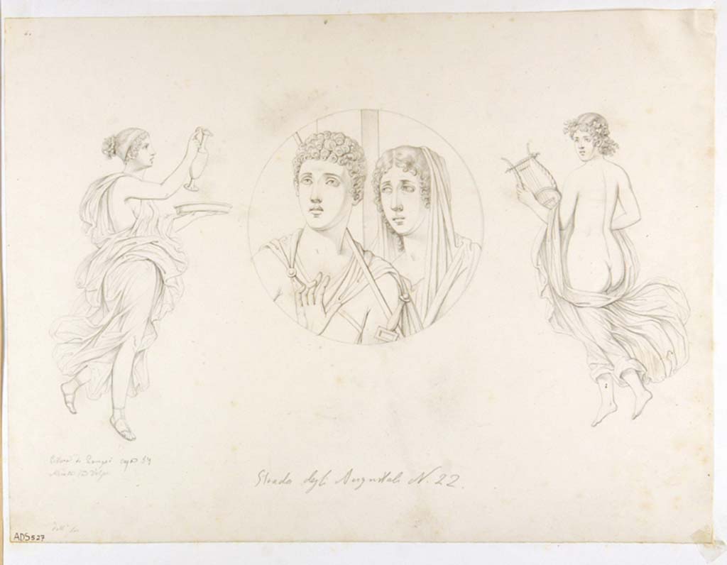 VII.1.40 Pompeii. Drawing by Nicola La Volpe of three subjects seen on the north and west wall of the atrium.
On the left, the figure with a jug and plate could be seen on the yellow background on the north wall at the west end, but now much faded and only outline remains. (Sogl. 830).
In the centre is the medallion from the pilaster between two doorways, see above.
On the right, the figure with the lyre could be seen at the north end of the west wall on a red background, but only the lower part remains now. (Sogl.821).
See Sogliano, A., 1879. Le pitture murali campane scoverte negli anni 1867-79. Napoli: Giannini. (830, p.159) (821, p.158).
Now in Naples Archaeological Museum. Inventory number ADS 527.
Photo © ICCD. http://www.catalogo.beniculturali.it
Utilizzabili alle condizioni della licenza Attribuzione - Non commerciale - Condividi allo stesso modo 2.5 Italia (CC BY-NC-SA 2.5 IT)